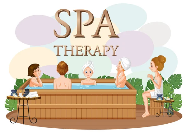 Terapia Spa Texto Com Mulheres Banheira Hidromassagem Ilustração — Vetor de Stock