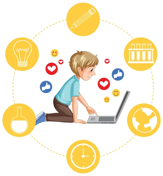 Boy Browsing Social Media Laptop Illustration — Stok Vektör