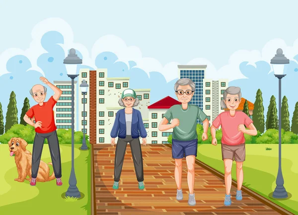 Senior People Jogging Park Illustration — Stock Vector