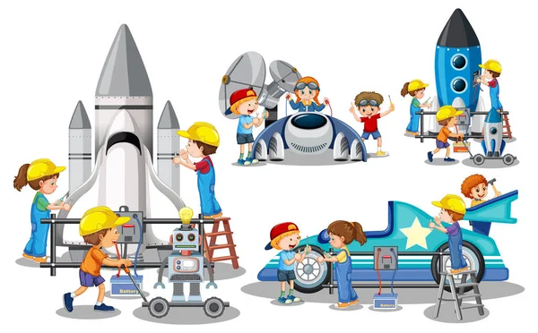 Sada Dětských Ilustrací Inženýrů — Stockový vektor