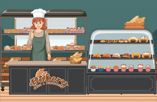 Bäckereifachgeschäft Interieur Mit Backvitrine Illustration — Stockvektor