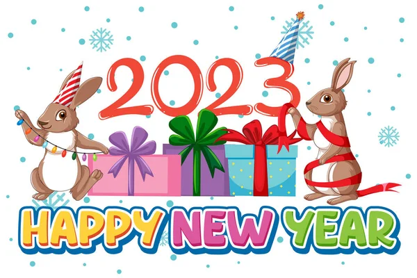 Happy New Year Text Cute Rabbit Banner Design Illustration — Stock Vector