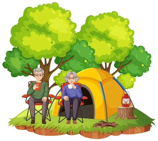 Senior Ζευγάρι Κάμπινγκ Στην Απεικόνιση Του Δάσους — Διανυσματικό Αρχείο