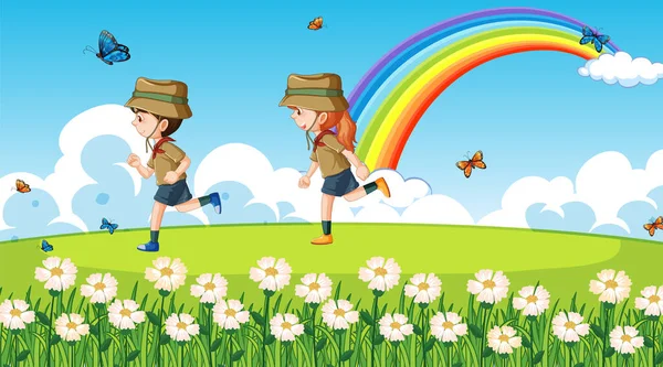 Enfants Scouts Randonnée Dans Forêt Illustration — Image vectorielle