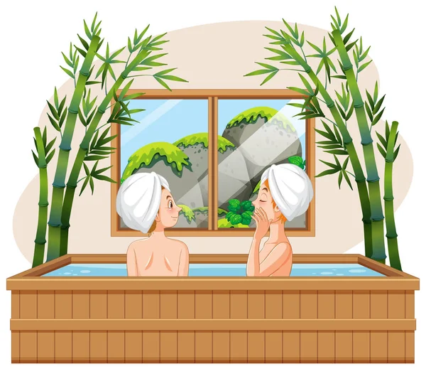 热浴缸桑拿蒸汽房中的女性插图 — 图库矢量图片