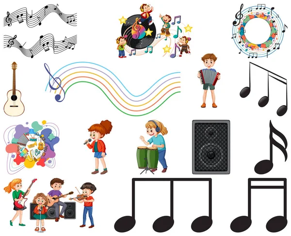 Niños Instrumentos Musicales Símbolos Musicales Set Illustration — Archivo Imágenes Vectoriales