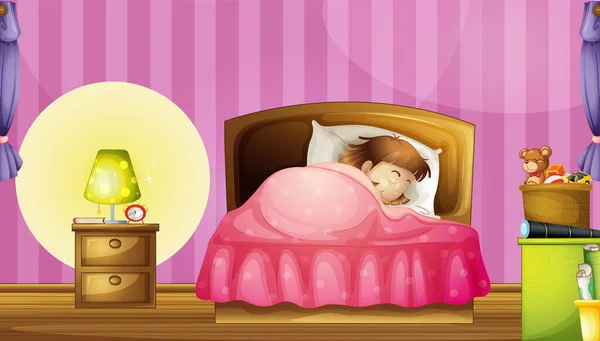 Klein Meisje Slapen Roze Slaapkamer Scene Illustratie — Stockvector