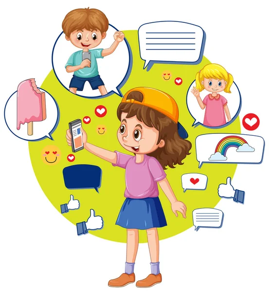 Barn Bläddrar Sociala Medier Med Hjälp Telefon Illustration — Stock vektor