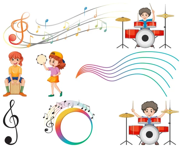Crianças Instrumentos Musicais Símbolos Musicais Conjunto Ilustração —  Vetores de Stock