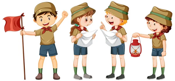 Scout Παιδιά Πεζοπορία Χαρακτήρες Κινουμένων Σχεδίων Εικονογράφηση — Διανυσματικό Αρχείο