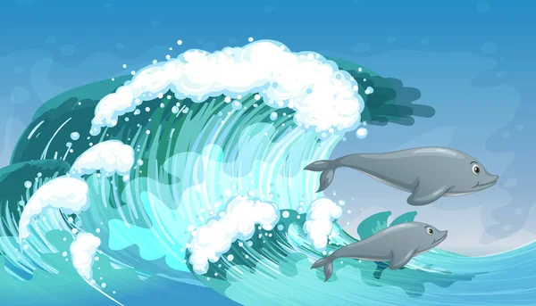 Delfín Skákání Vlně Ilustrace — Stockový vektor