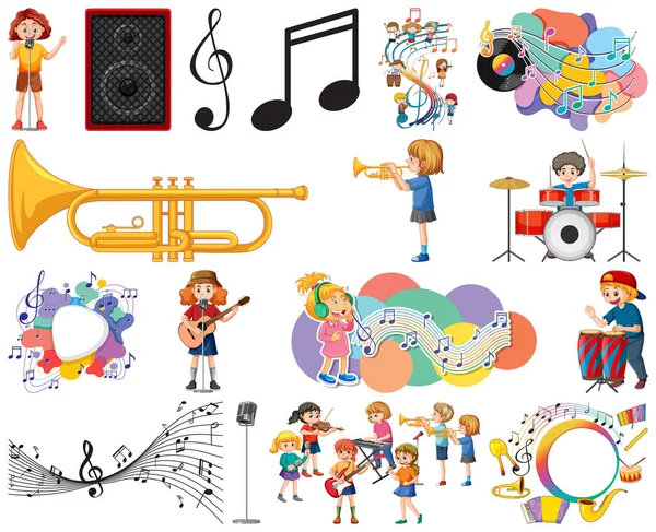 Kids Musical Instruments Music Symbols Set Illustration — Stock Vector