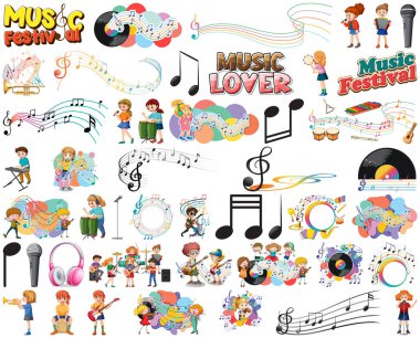 Çocuklar müzik aletleri ve müzik sembolleri resim oluşturur