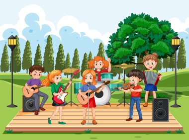 Park illüstrasyonunda müzik aleti çalan çocuklar