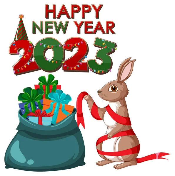 バナーデザインイラストのためのかわいいウサギと幸せな新年のテキスト — ストックベクタ