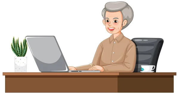 老人在书桌插图上用笔记本电脑 — 图库矢量图片