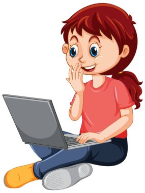 A girl using laptop cartoon illustration