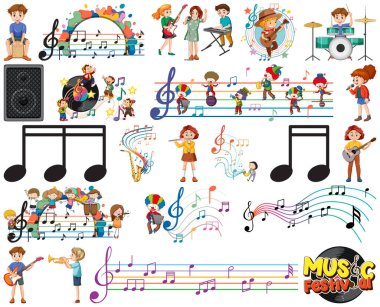 Çocuklar müzik aletleri ve müzik sembolleri resim oluşturur