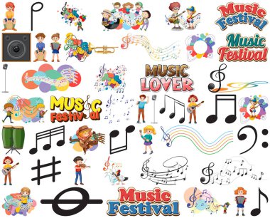 Çocuklar müzik aletleri ve müzik sembolleri resim oluşturur