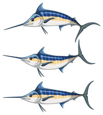 Mavi kılıçbalığı çizgi film karakteri farklı pozlar veriyor.