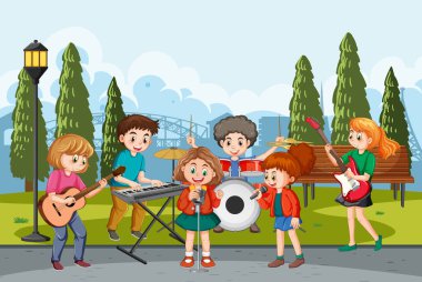 Parktaki resimde müzik çalan çocuklar