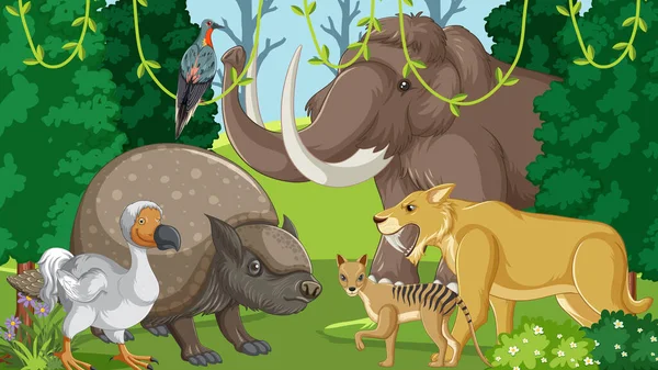 Extinct Animals Forest Illustration — Stock Vector