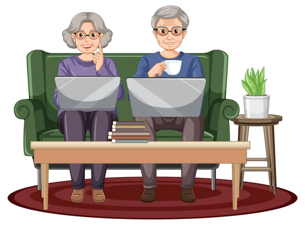Oudere Paar Met Behulp Van Laptop Thuis Illustratie — Stockvector