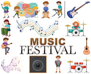 Çocuklar müzik aletleri ve müzik sembolleri resim oluşturur