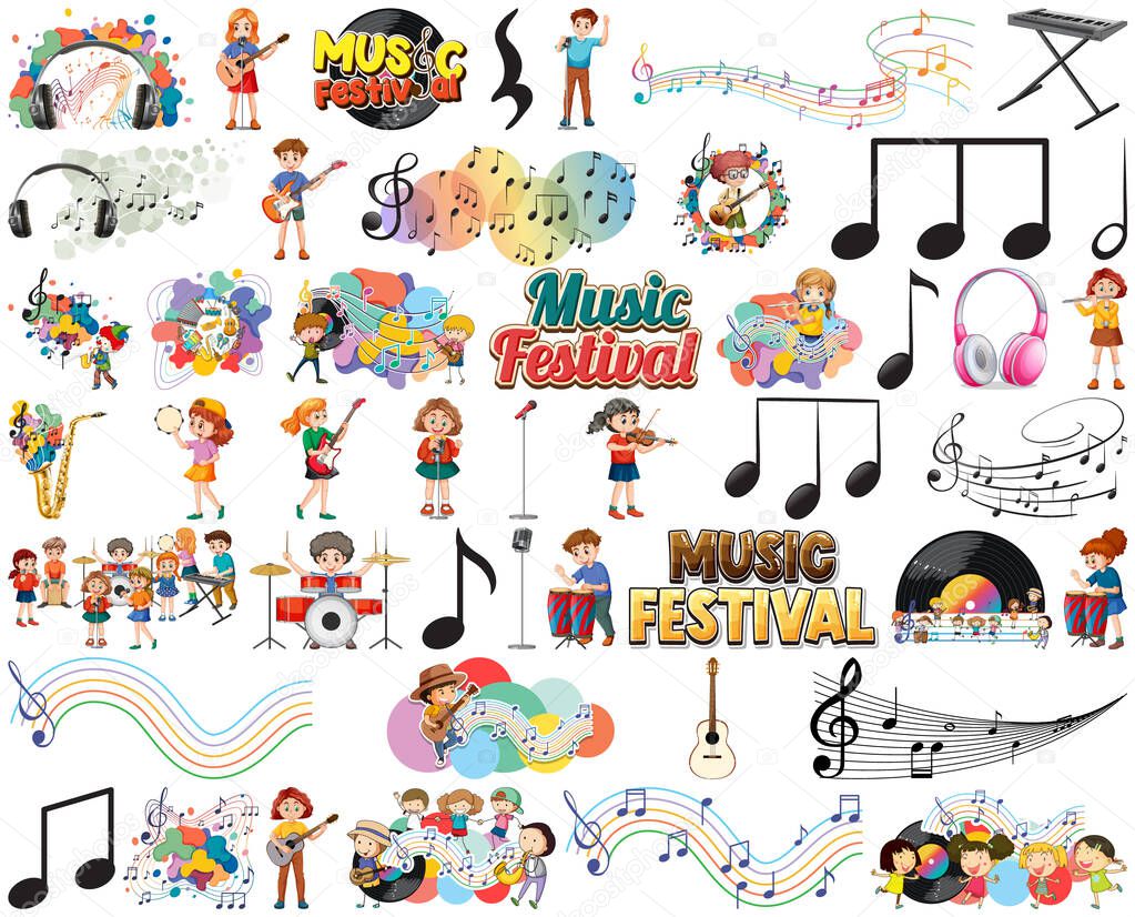Kids musical instruments and music symbols set illustration