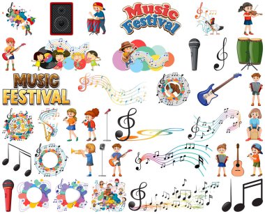 Çocuklar müzik aletleri ve müzik sembolleri resim oluşturur