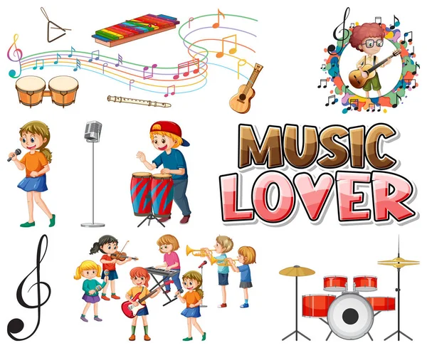 Çocuklar müzik aletleri ve müzik sembolleri resim oluşturur