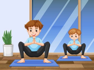 Dad and son doing yoga at home illustration