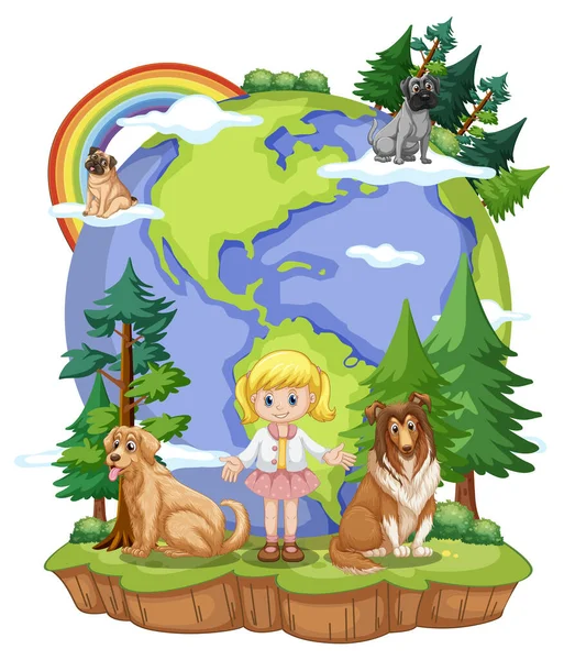 Earth Day Concept Cute Girl Animals Illustration — Stock Vector