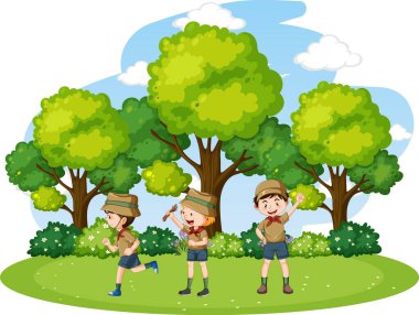 Park illüstrasyonunda kamp yapan mutlu çocuklar.