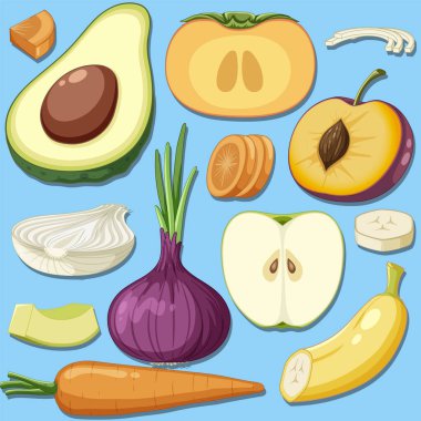 Set of sliced vegetable and fruit illustration