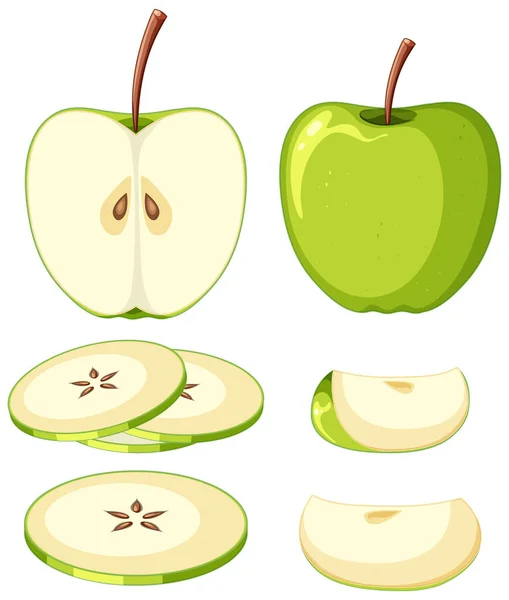 Grüner Apfel Ganzen Und Scheiben Geschnitten Illustration — Stockvektor