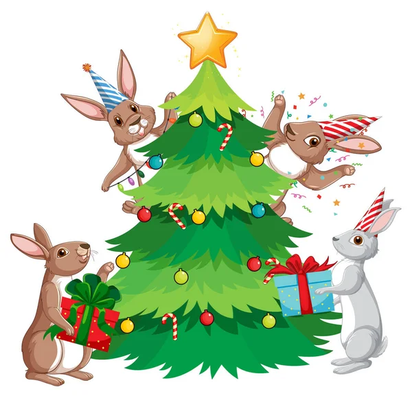 Christmas Tree Cute Rabbit Illustration — Stock Vector