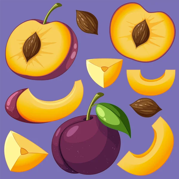 Set Plum Fruit Cartoon Purple Background Illustration — Stock Vector