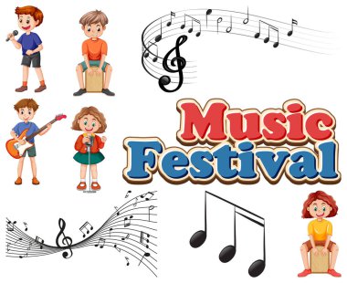 Çocuklar müzik aletleri ve müzik sembolleri resim oluşturur