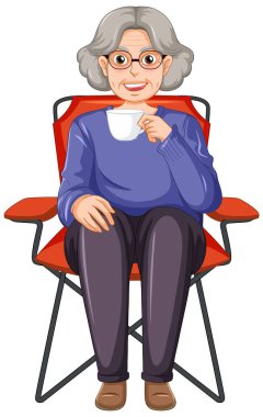 Grandmother drinking coffee sitting on camping chair illustration
