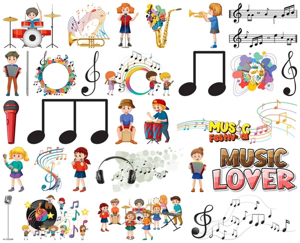 Çocuklar Müzik Aletleri Müzik Sembolleri Resim Oluşturur — Stok Vektör