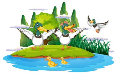 Happy duck group in nature scene illustration
