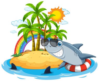 Shark swimming using inflatable ring next to island illustration