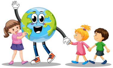 Three kids with cartoon earth globe illustration