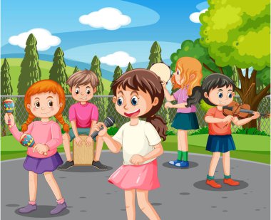 Parktaki resimde müzik çalan çocuklar