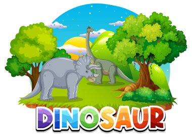 Brachiosaurus and triceratops dinosaur with logo illustration