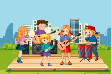 Parktaki resimde müzik çalan çocuklar