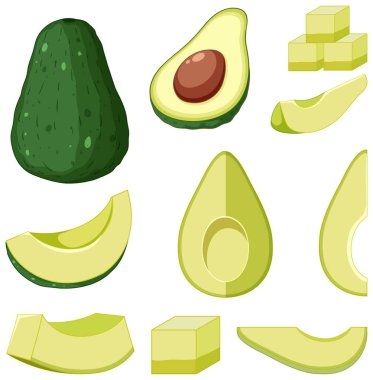Avocado in whole diced or sliced pieces illustration