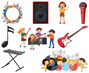 Çocuklar müzik aletleri ve müzik sembolleri resim oluşturur