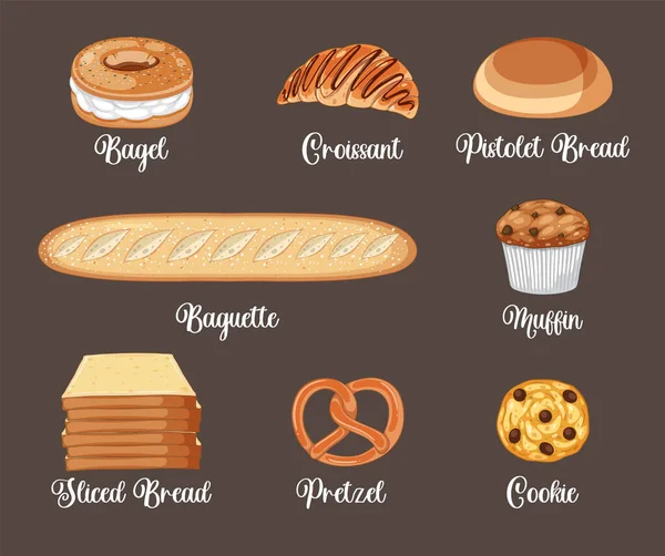 Set Bread Pastry Bakery Products Illustration — Stock Vector